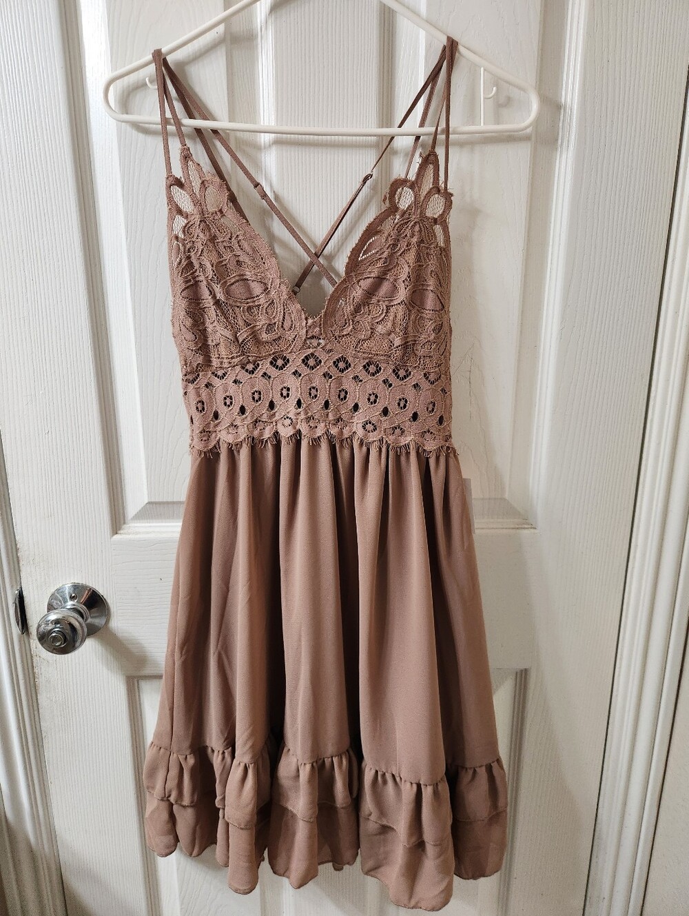 Lace Bodice Ruffle Hem Spaghetti Strap Dress - Dusty Taupe